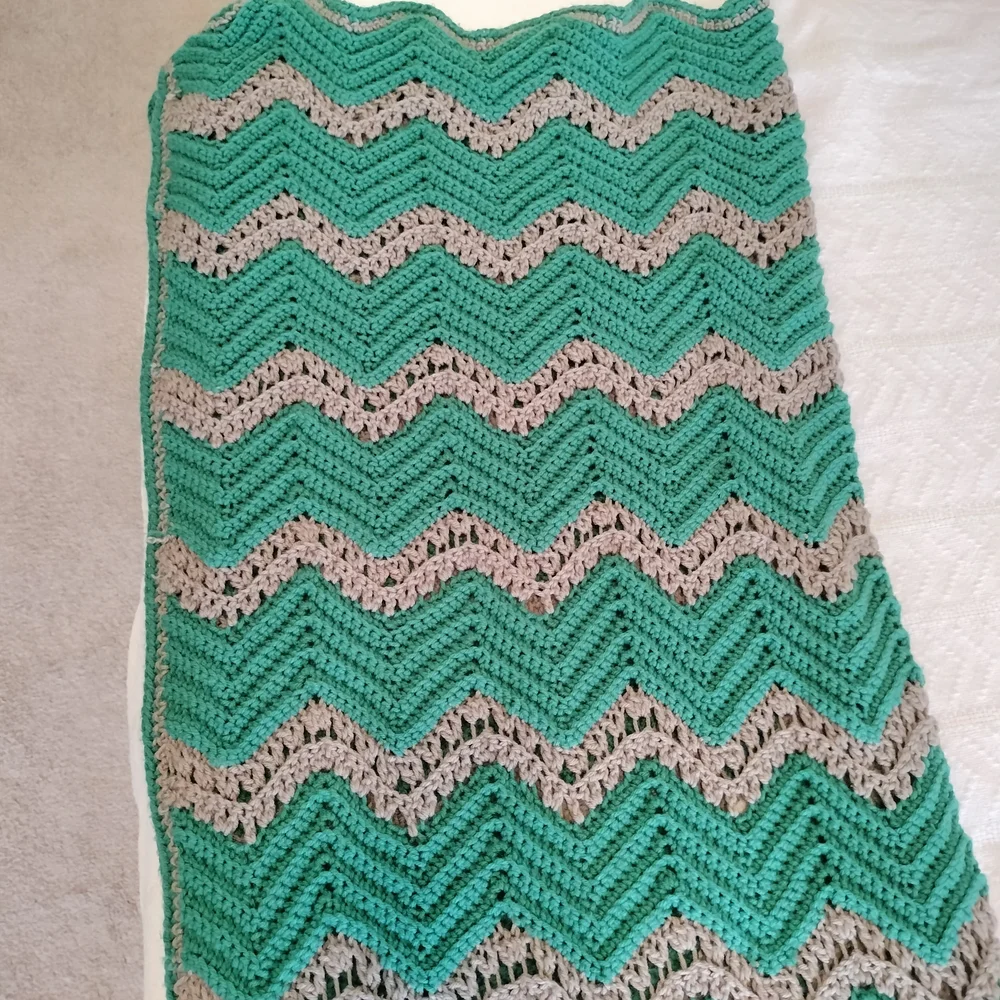 Handmade Crocheted Afghan Teal Green And Gray 65 X 52‎ Inches